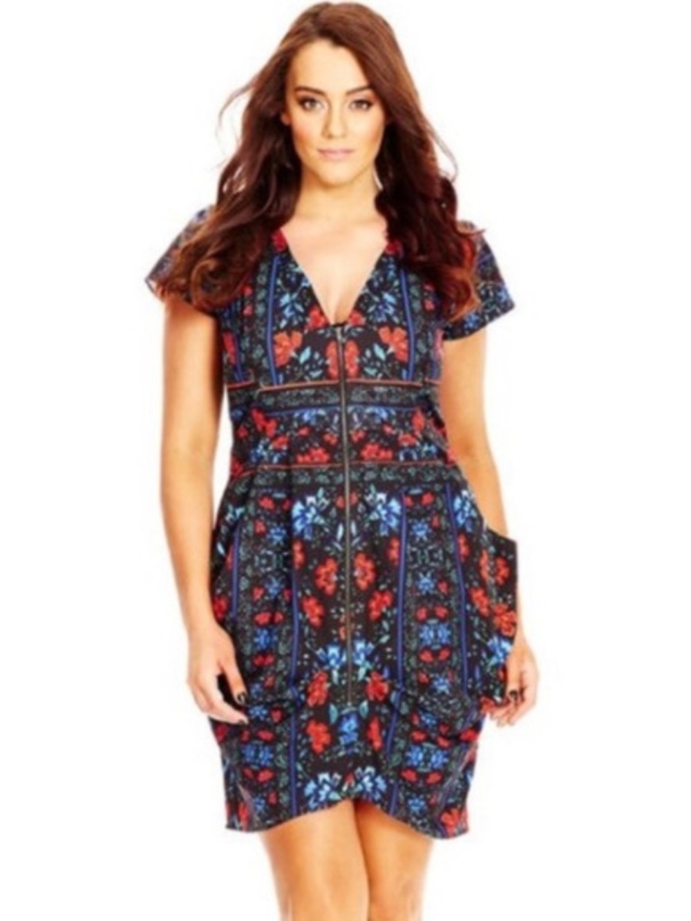 (25) City Chic Folk Dance Print Zip Front Pleat Tunic Dress 16/Small